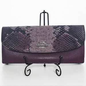 COACH Python Embossed Leather Continental Long Wallet Plum Purple Exotic Flap